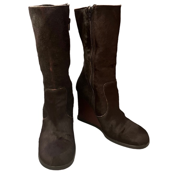 Italian Calf Hair Mid-Shin Boots with Leather Covered Wedge Heel - Picture 2 of 14